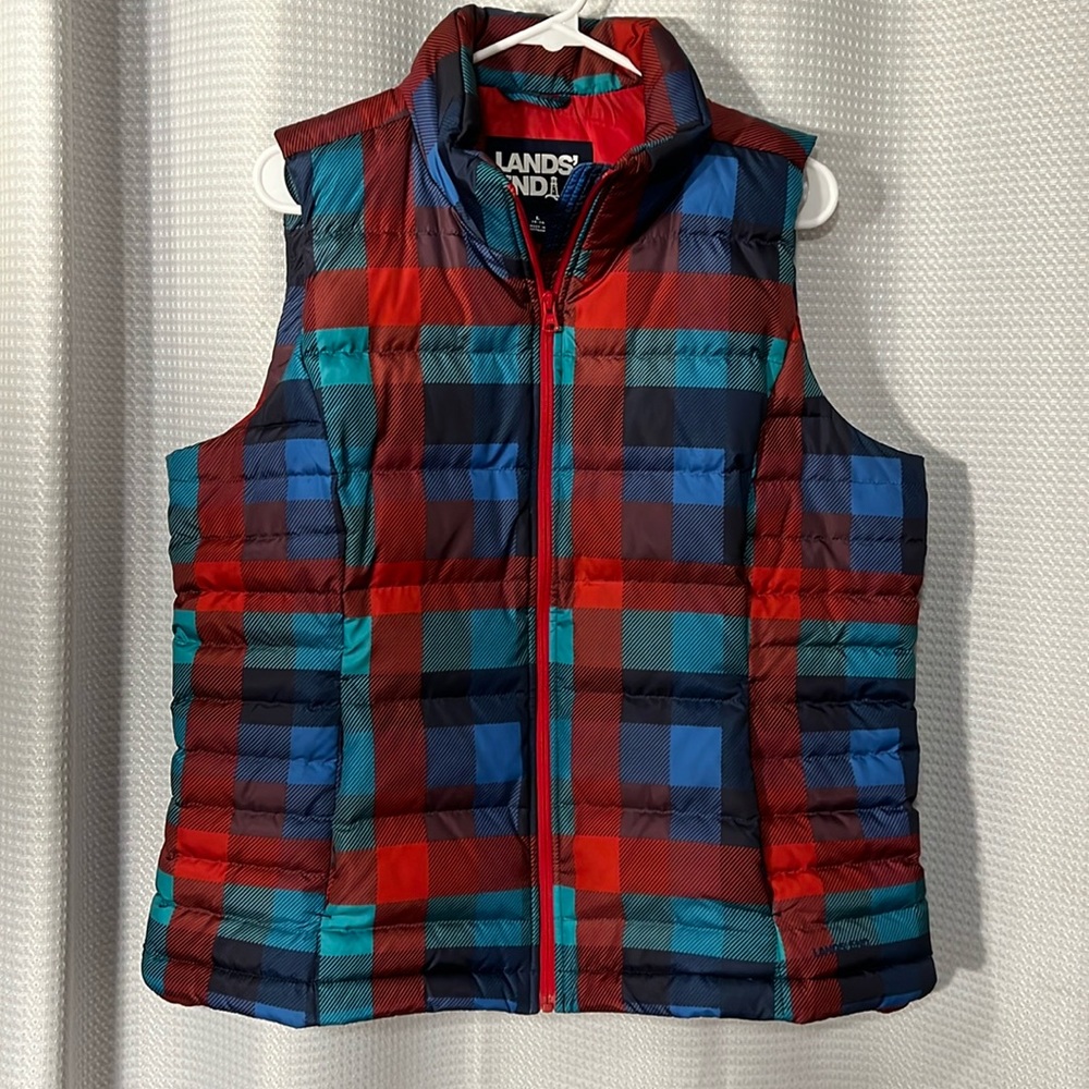 Lands' End Red/Blue Plaid 600 Down Insulated FullZip Puffer Vest Women’s Large